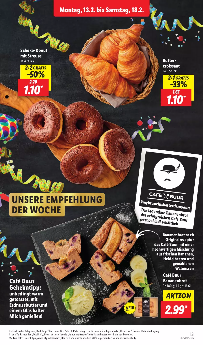 Aktueller Prospekt Lidl - Aktionsprospekt - von 13.02 bis 18.02.2023 - strona 15 - produkty: banane, bananen, beere, beeren, bett, brot, butter, Croissant, Donut, eis, erdnuss, Erdnussbutter, gin, heidelbeere, heidelbeeren, LG, milch, nuss, reis, rezept, schoko, Ti, toast, Yo