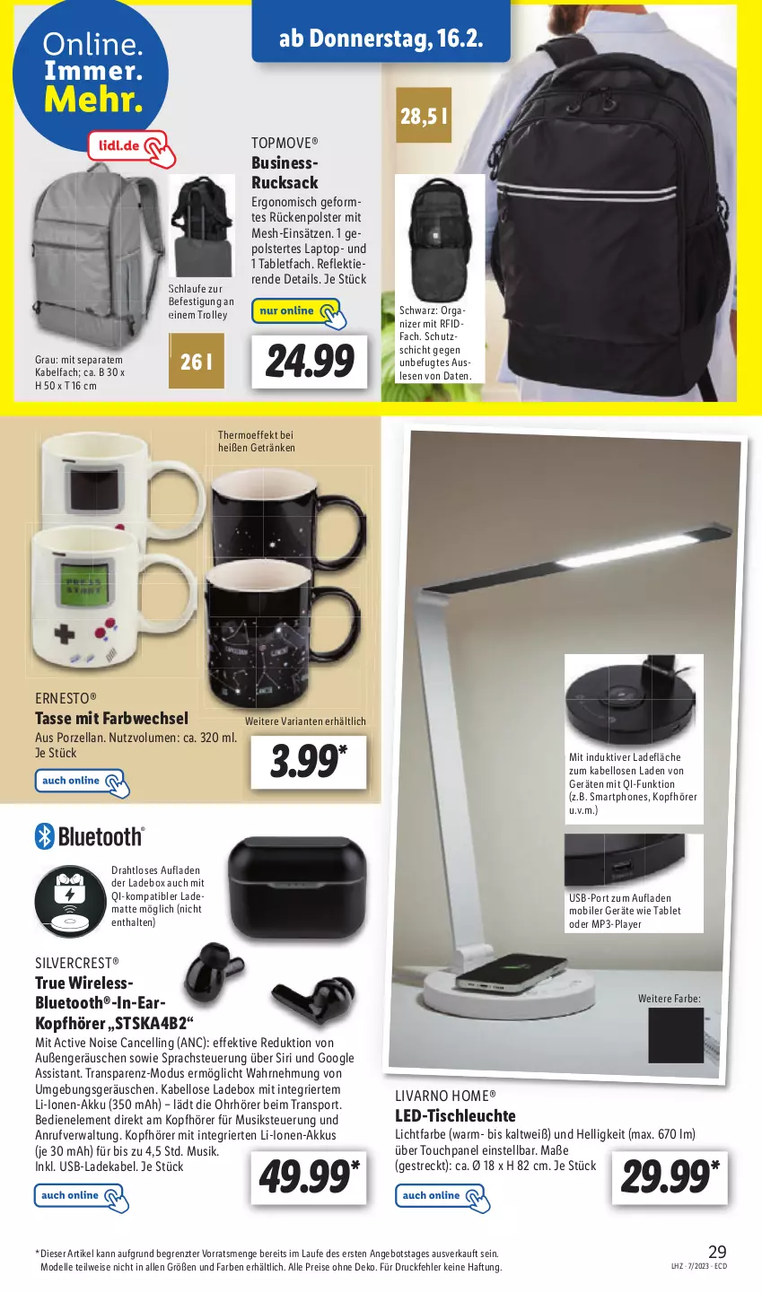 Aktueller Prospekt Lidl - Aktionsprospekt - von 13.02 bis 18.02.2023 - strona 33 - produkty: akku, angebot, deka, dell, Draht, eis, elle, ernesto, getränk, getränke, HP, kopfhörer, ladekabel, Laptop, led-tischleuchte, Leuchte, Mode, Mp3, reis, rel, Ria, rucksack, sac, silvercrest, smartphone, smartphones, Sport, tablet, tasse, Ti, Tiere, tisch, tischleuchte, trolley, usb, ZTE