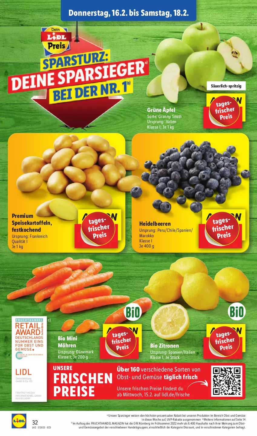 Aktueller Prospekt Lidl - Aktionsprospekt - von 13.02 bis 18.02.2023 - strona 36 - produkty: angebot, beere, beeren, bio, discount, eis, ente, frucht, heidelbeere, heidelbeeren, kartoffel, kartoffeln, magazin, möhren, obst, Obst und Gemüse, reis, speisekartoffeln, Ti, und gemüse, zitrone, zitronen