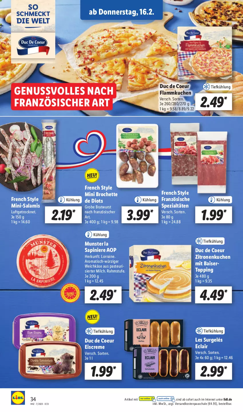 Aktueller Prospekt Lidl - Aktionsprospekt - von 13.02 bis 18.02.2023 - strona 38 - produkty: bratwurst, creme, eis, eiscreme, flammkuchen, grobe bratwurst, Käse, kuchen, lamm, milch, Mini-Salami, ndk, nuss, salami, Schal, Schale, Spezi, Ti, tisch, weichkäse, wurst, zitrone, zitronen