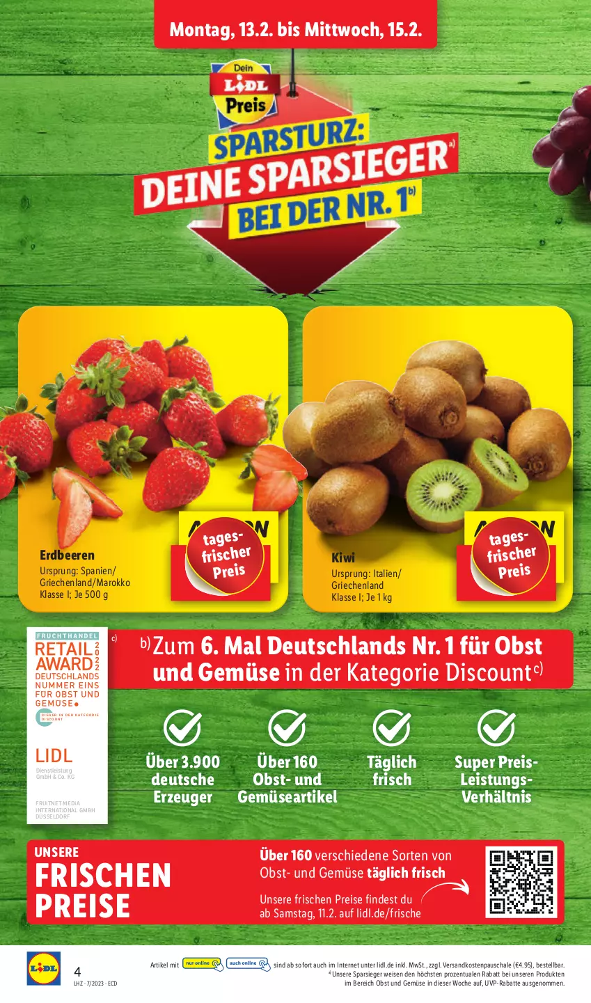 Aktueller Prospekt Lidl - Aktionsprospekt - von 13.02 bis 18.02.2023 - strona 4 - produkty: beere, beeren, discount, eis, ente, erdbeere, erdbeeren, kiwi, ndk, obst, Obst und Gemüse, reis, Schal, Schale, Ti, und gemüse