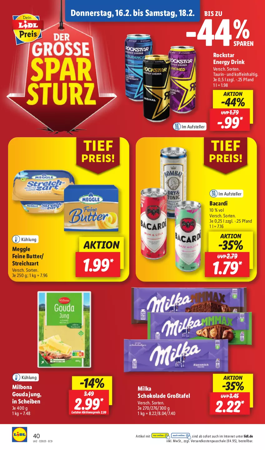 Aktueller Prospekt Lidl - Aktionsprospekt - von 13.02 bis 18.02.2023 - strona 44 - produkty: aktionspreis, bacardi, Bona, butter, drink, eis, elle, energy drink, gouda, gouda jung, meggle, Milbona, milka, milka schokolade, ndk, reis, Rockstar, Schal, Schale, schoko, schokolade, Streichzart, teller, Ti, ZTE