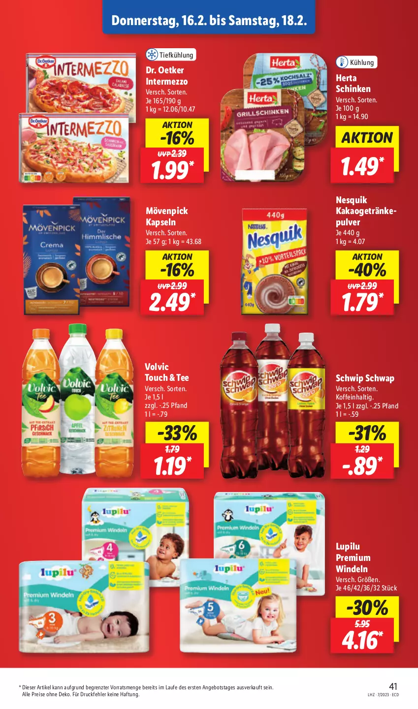 Aktueller Prospekt Lidl - Aktionsprospekt - von 13.02 bis 18.02.2023 - strona 45 - produkty: angebot, Dr. Oetker, eis, getränk, getränke, herta, intermezzo, kakao, lupilu, mövenpick, nesquik, reis, schinken, Schwip Schwap, tee, Ti, volvic, windeln, ZTE