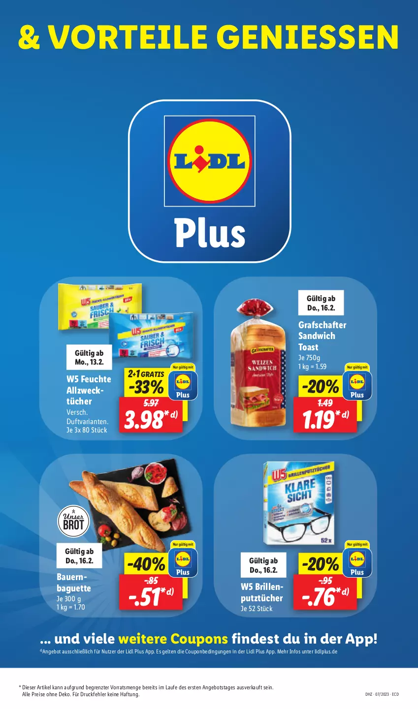 Aktueller Prospekt Lidl - Aktionsprospekt - von 13.02 bis 18.02.2023 - strona 47 - produkty: Allzwecktücher, angebot, auer, baguette, Bau, Bauer, Brille, brot, coupon, coupons, eis, grafschafter, reis, Ria, sandwich, Ti, toast, tücher, weck, ZTE