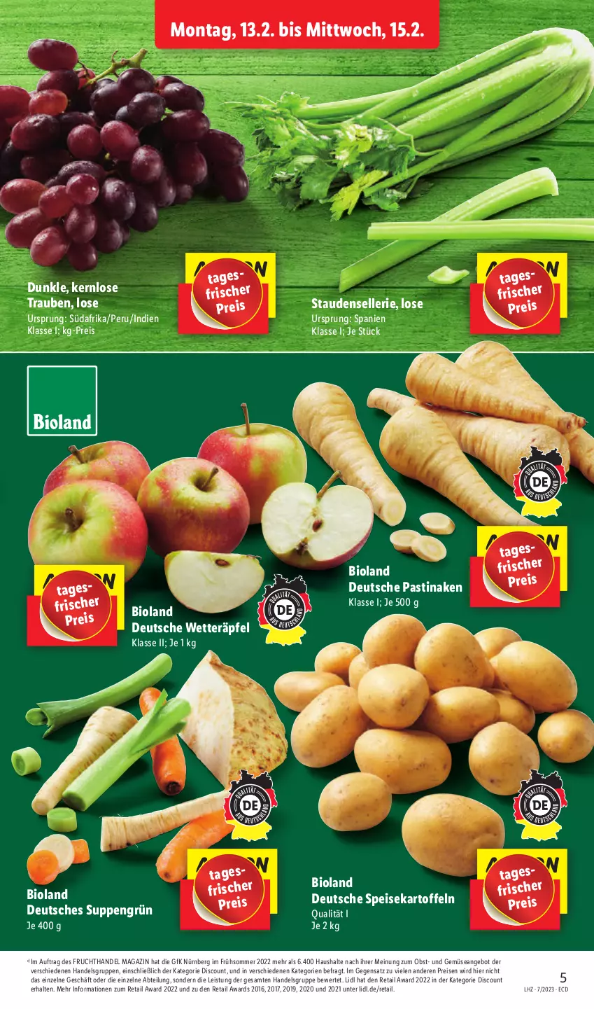 Aktueller Prospekt Lidl - Aktionsprospekt - von 13.02 bis 18.02.2023 - strona 5 - produkty: Abtei, angebot, asti, bio, bioland, discount, eis, elle, frucht, kartoffel, kartoffeln, magazin, obst, reis, speisekartoffeln, stauden, suppe, suppen, Ti, trauben, und gemüse