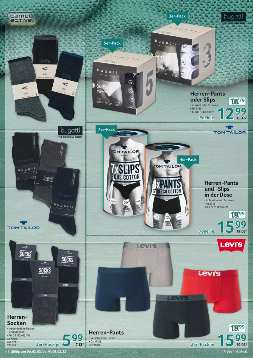 Aktueller Prospekt Selgros - Vorschau:
            Nonfood - von 03.02 bis 09.02.2022 - strona 4 - produkty: ACC, dell, elle, herren-pants, Mode, Pants, slip, slips, socken, tom tailor