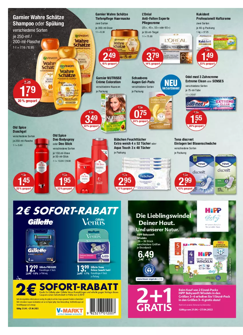 Aktueller Prospekt Vmarkt - V-Markt - von 21.04 bis 27.04.2022 - strona 12 - produkty: anti-falten experte, aqua, body, bodyspray, bübchen, coupon, coupons, creme, deo, Discreet, duschgel, feuchttücher, flasche, garnier, gillette, gillette venus, gin, gsw, Haftcreme, hipp, je 50-ml-tiegel, Kukident, Maske, natur, Nuance, Nutrisse, Odol, odol med, Old Spice, Pflegecreme, Rasierklinge, rasierklingen, Schaebens, shampoo, shampoo oder spülung, sofort-rabatt, sofortrabatt, spülung, swirl, Ti, tücher, venus, Wahre Schätze, windeln, zahncreme