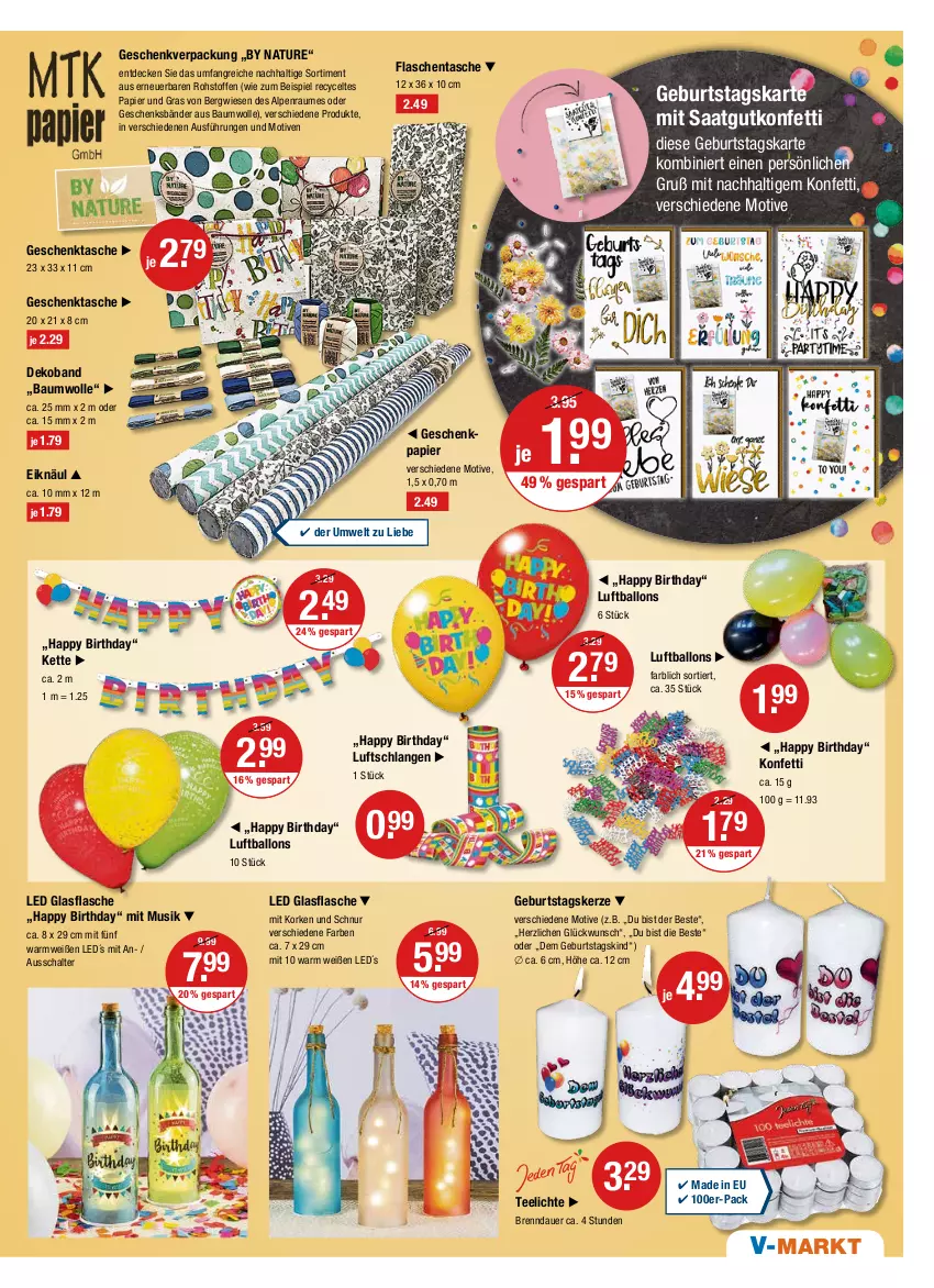 Aktueller Prospekt Vmarkt - V-Markt - von 21.04 bis 27.04.2022 - strona 15 - produkty: auer, ball, Bau, baumwolle, decke, eis, flasche, Geschenkpapier, Geschenktasche, glasflasche, kerze, Kette, Luftballon, Luftschlangen, natur, papier, Schal, Tasche, tee, Teelicht, teelichte, Ti, wolle