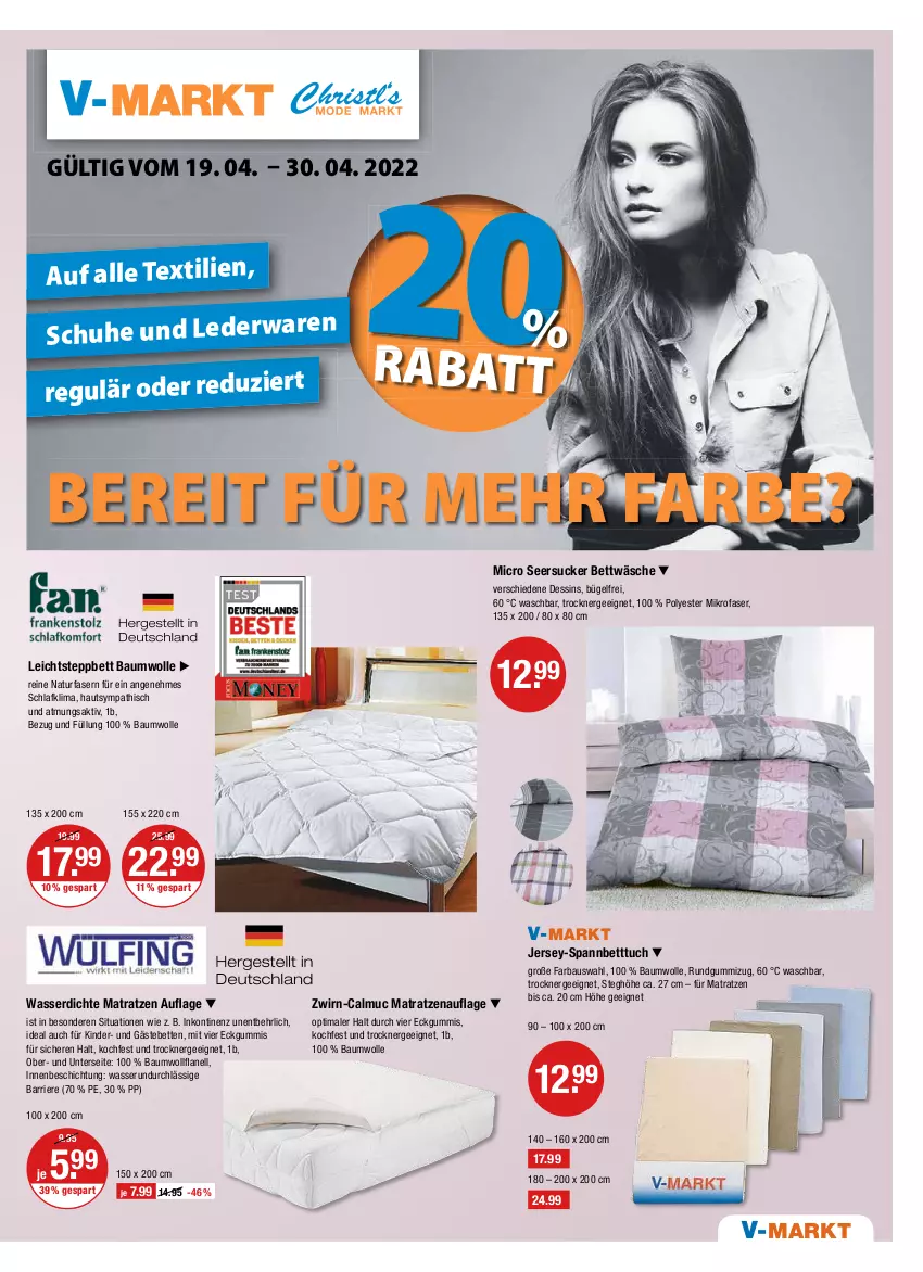 Aktueller Prospekt Vmarkt - V-Markt - von 21.04 bis 27.04.2022 - strona 19 - produkty: Bau, baumwolle, bett, Betten, Betttuch, bettwäsche, bügel, Ergee, Gästebett, jersey-spannbetttuch, Kinder, matratze, matratzen, matratzenauflage, mikrofaser, natur, seersucker, seersucker bettwäsche, spannbetttuch, steppbett, Ti, Trockner, tuc, wasser, wolle