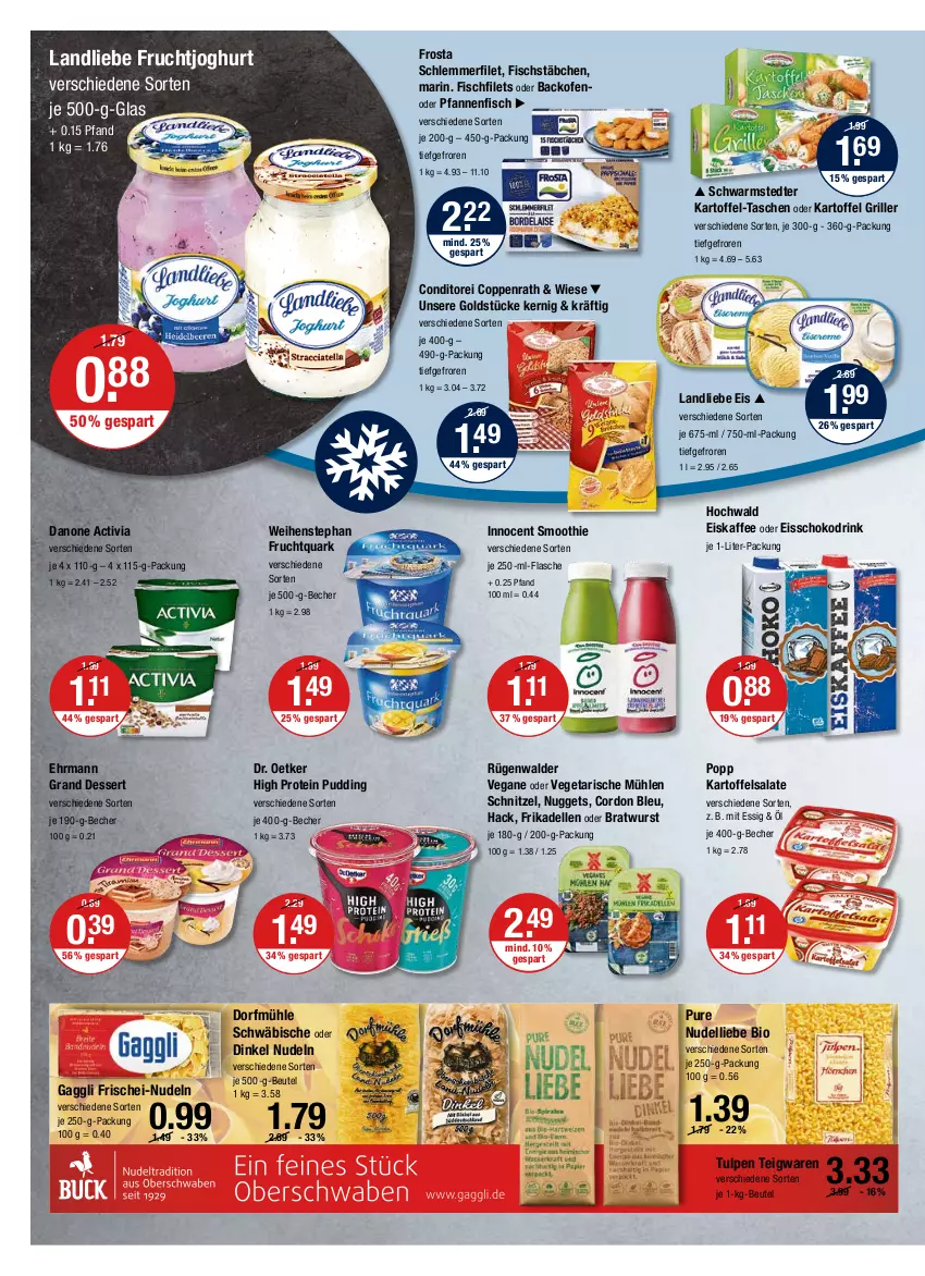 Aktueller Prospekt Vmarkt - V-Markt - von 21.04 bis 27.04.2022 - strona 6 - produkty: activia, backofen, Becher, beutel, bio, bratwurst, coppenrath, cordon bleu, danone, danone activia, dell, dessert, Dr. Oetker, drink, ehrmann, Ehrmann Grand Dessert, eis, eiskaffee, elle, essig, filet, filets, fisch, fischstäbchen, flasche, frikadellen, frischei-nudeln, frosta, frucht, fruchtjoghurt, Fruchtquark, gaggli, Goldstücke, grill, hochwald, Innocent, je 250-g-packung, joghur, joghurt, kaffee, kartoffel, kartoffelsalat, landliebe, nudel, nudeln, nuggets, Ofen, pfanne, pfannen, Popp, pudding, quark, rügenwalder, salat, salate, schlemmerfilet, schnitzel, schoko, schwarmstedter, smoothie, Tasche, taschen, teigwaren, Ti, Vegeta, weihenstephan, wurst