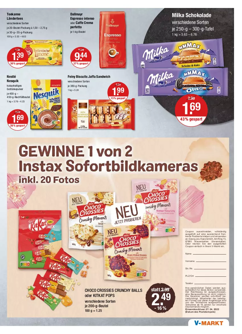 Aktueller Prospekt Vmarkt - V-Markt - von 21.04 bis 27.04.2022 - strona 9 - produkty: auer, ball, beutel, caffe, choco crossies, coupon, crossies, dallmayr, erde, espresso, getränk, getränke, getränkepulver, intenso, kaes, kakao, kitkat, Ländertee, milka, milka schokolade, nesquik, nestlé, ring, rwe, sandwich, schoko, schokolade, tee, teekanne, telefon, Ti