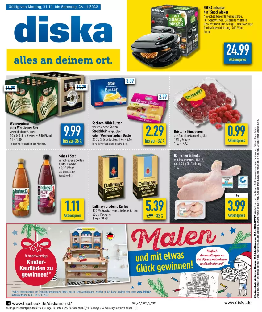 Aktueller Prospekt Diska - Prospekte - von 21.11 bis 26.11.2022 - strona 1 - produkty: aktionspreis, angebot, angebote, Becher, beere, beeren, bier, butter, dallmayr, dallmayr prodomo, deka, eis, flasche, grill, henkel, himbeer, himbeere, himbeeren, kaffee, latte, LG, milch, prodomo, reis, sac, saft, salz, sandwich, Schal, Schale, schenkel, snack, steiner, Ti, waffeln, warsteiner, weihenstephan, ZTE