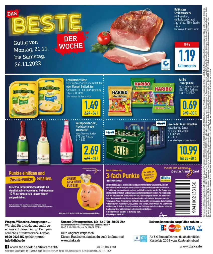 Aktueller Prospekt Diska - Prospekte - von 21.11 bis 26.11.2022 - strona 12 - produkty: alkohol, angebot, angebote, Astra, Bau, beko, bier, buch, coupon, deka, deutschlandcard, eis, ente, erde, frucht, fruchtgummi, gutschein, haribo, jever, Kette, kraft, leerdammer, reis, ring, rotkäppchen, sac, schinken, schinkenspeck, sekt, Speck, tee, telefon, Ti, uhr, ZTE