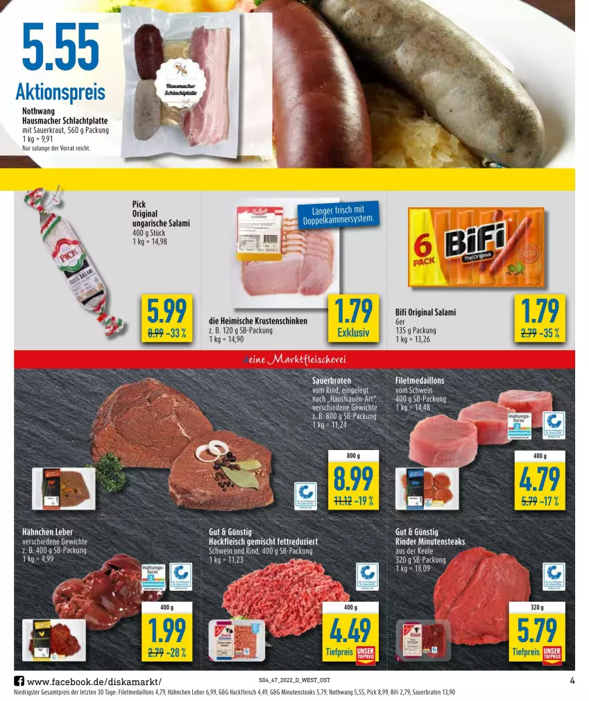 Aktueller Prospekt Diska - Prospekte - von 21.11 bis 26.11.2022 - strona 4 - produkty: aktionspreis, auer, bifi, braten, eis, filet, fleisch, gin, hackfleisch, hackfleisch gemischt, Hausmacher, Kraut, Krustenschinken, latte, mac, medaillons, minutensteaks, reis, rind, rinder, salami, Sauerkraut, schinken, steak, steaks, Ti, tiefpreis, Ungarische Salami, ZTE