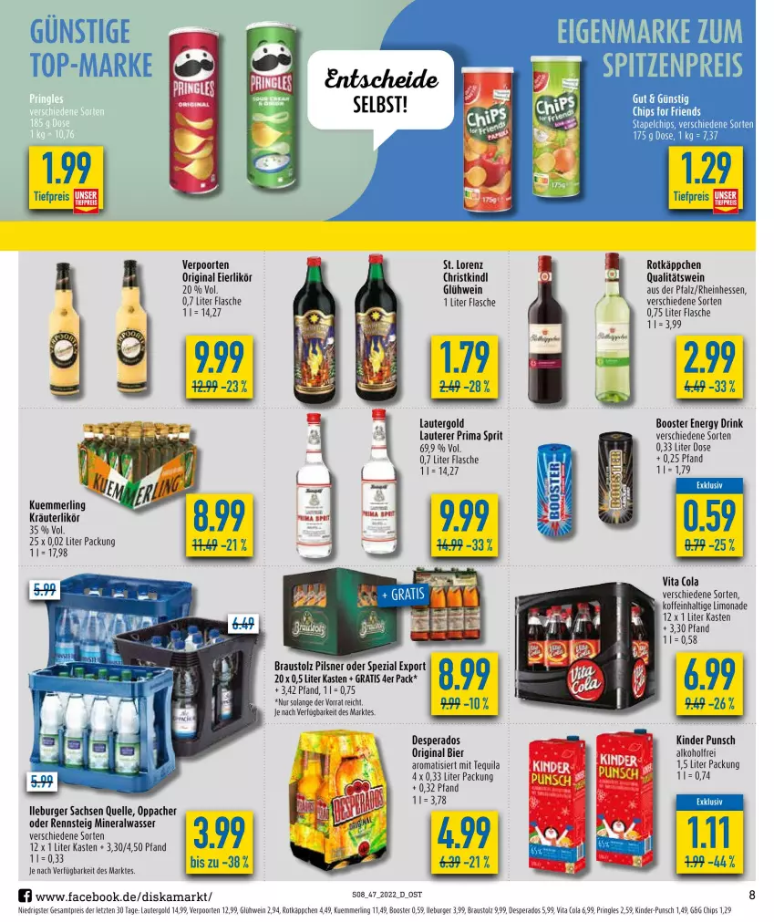 Aktueller Prospekt Diska - Prospekte - von 21.11 bis 26.11.2022 - strona 8 - produkty: alkohol, Alwa, aust, bier, burger, chips, cola, desperados, drink, eier, eierlikör, eis, elle, energy drink, flasche, gin, Glühwein, Kinder, kräuter, kräuterlikör, kuemmerling, likör, limo, limonade, lorenz, merl, mineralwasser, pils, pilsner, pringles, qualitätswein, reis, ring, rotkäppchen, sac, Spezi, tequila, Ti, tiefpreis, verpoorten, vita, Vita C, wasser, wein, ZTE