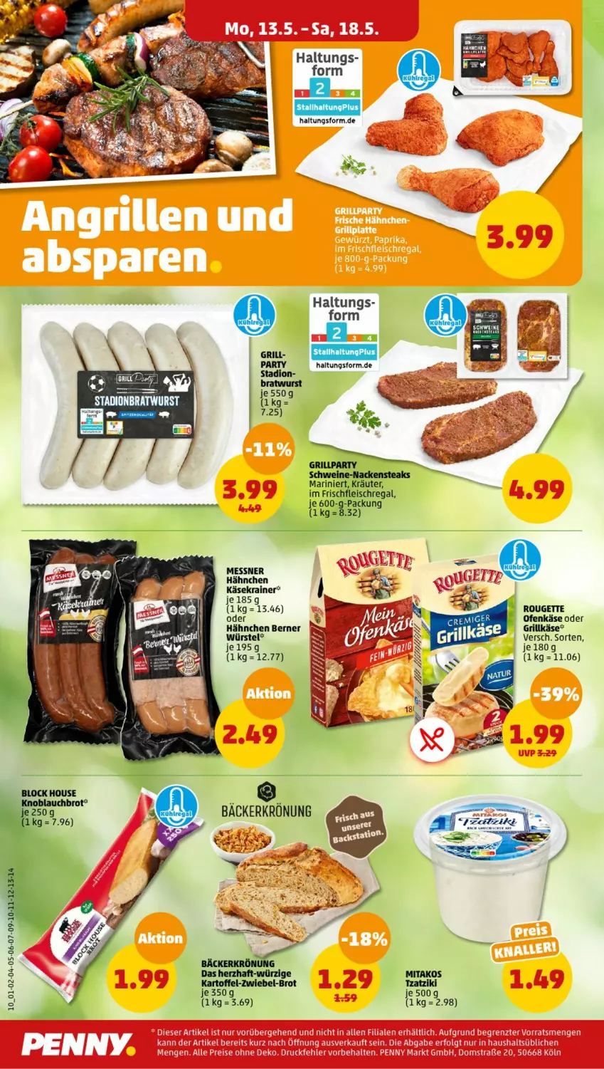 Aktueller Prospekt Penny - Prospekte - von 13.05 bis 18.05.2024 - strona 10 - produkty: bratwurst, brot, eis, fleisch, grill, Grillkäse, kartoffel, Käse, Käsekrainer, kräuter, Nackensteak, nackensteaks, Ofen, Ofenkäse, regal, rouge, rougette, schwein, schweine, steak, steaks, tzatziki, wein, weine, wurst, zwiebel