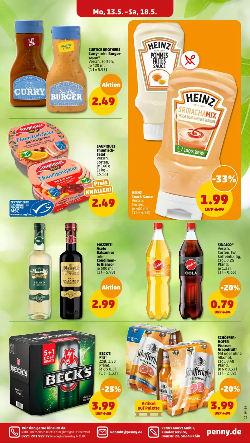 Aktueller Prospekt Penny - Prospekte - von 13.05 bis 18.05.2024 - strona 11 - produkty: aceto, alkohol, balsam, balsamico, beck's, brot, brother, burger, curry, fisch, grapefruit, Mode, ohne alkohol, Palette, pils, salat, sauce, saupiquet, sinalco, telefon, thunfisch, Ti, uhr