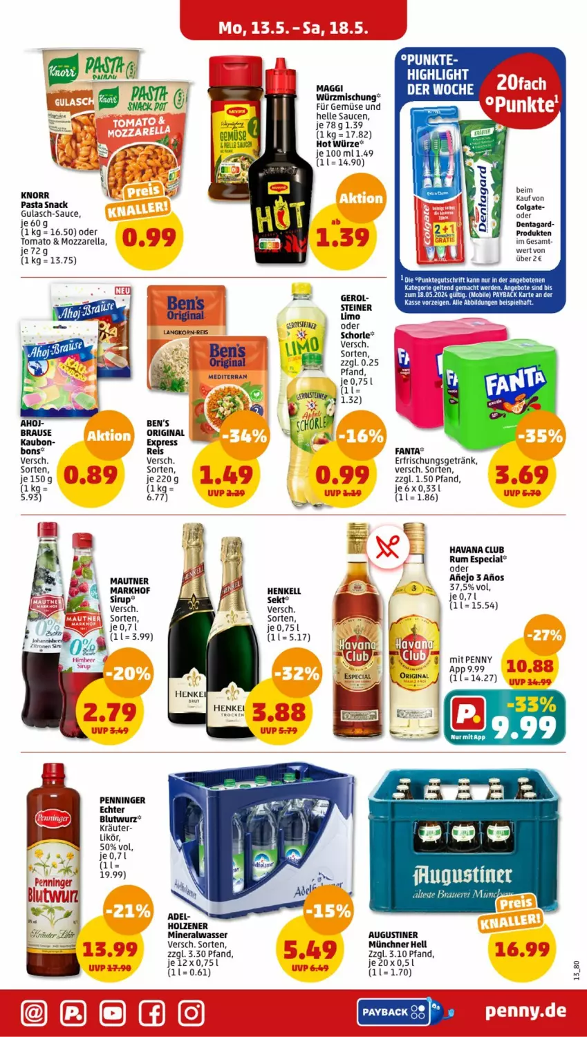 Aktueller Prospekt Penny - Prospekte - von 13.05 bis 18.05.2024 - strona 13 - produkty: Alwa, angebot, angebote, brause, colgate, eis, elle, erde, erfrischungsgetränk, fanta, getränk, gin, gulasch, Havana Club, henkel, henkell, Holz, knorr, korn, kräuter, LG, likör, limo, mac, maggi, Mautner, mineralwasser, mozzarella, pasta, pasta snack, payback, reis, rel, rum, sauce, saucen, schorle, sekt, sirup, snack, steiner, Ti, wasser