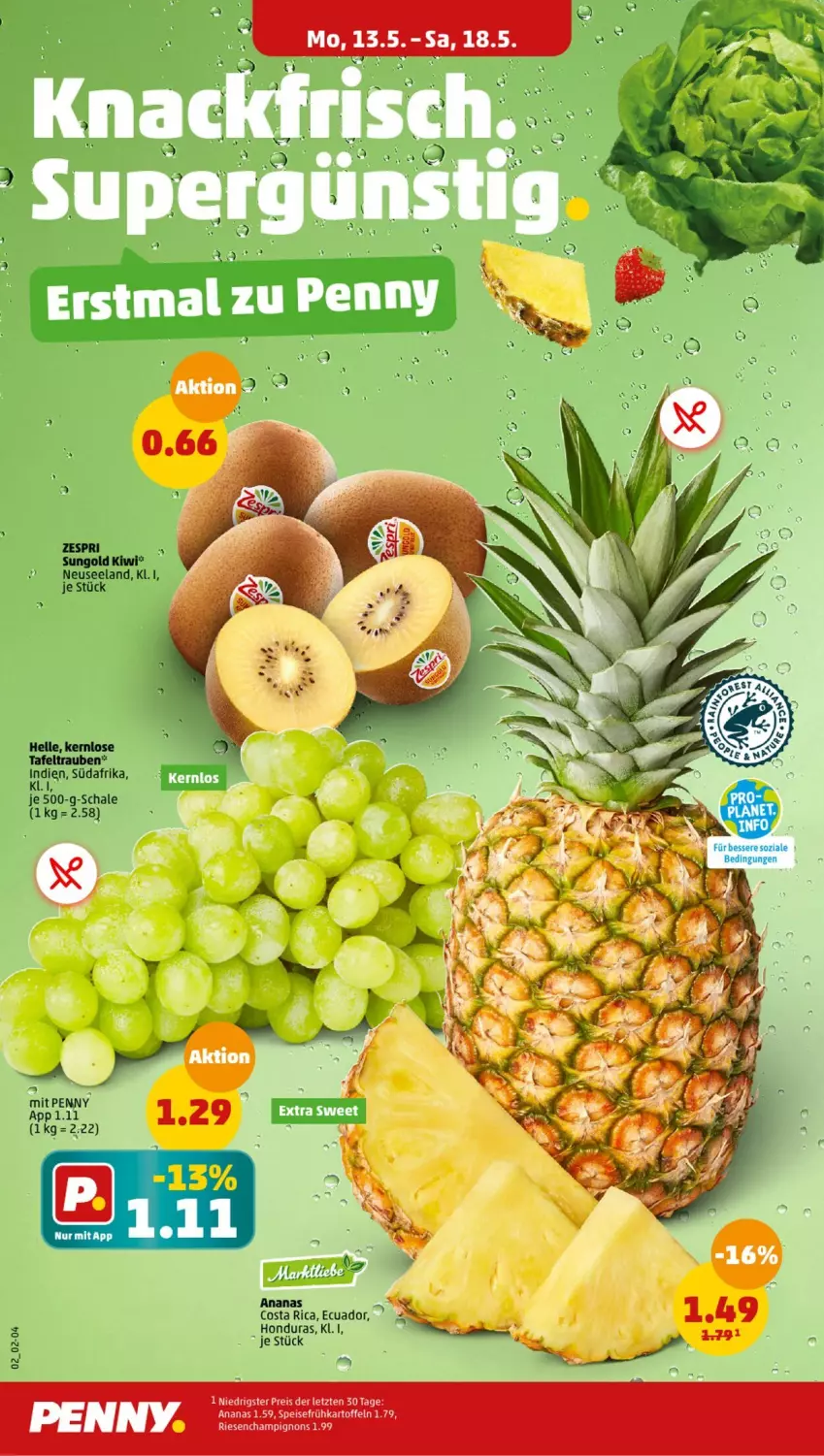 Aktueller Prospekt Penny - Prospekte - von 13.05 bis 18.05.2024 - strona 2 - produkty: ananas, champignon, champignons, eis, Elan, elle, Frühkartoffeln, kartoffel, kartoffeln, kiwi, reis, Schal, Schale, speisefrühkartoffeln, tafeltrauben, trauben, zespri, ZTE