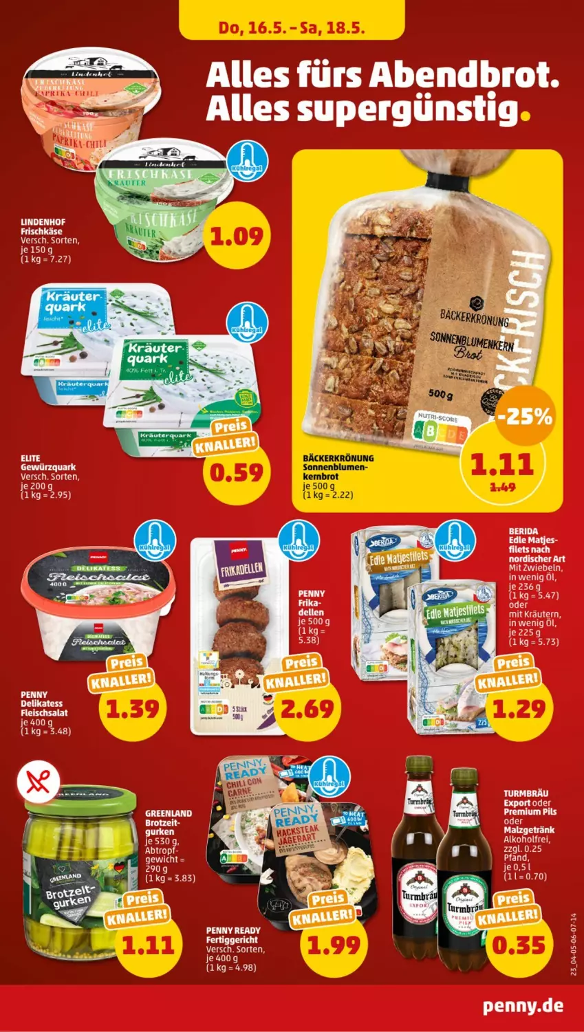 Aktueller Prospekt Penny - Prospekte - von 13.05 bis 18.05.2024 - strona 23 - produkty: alkohol, brot, eis, filet, filets, fleisch, fleischsalat, frischkäse, getränk, gewürz, gewürzquark, gurke, gurken, Käse, kräuter, kräutern, malz, matjes, mit zwiebeln, quark, salat, tee, Ti, zwiebel, zwiebeln