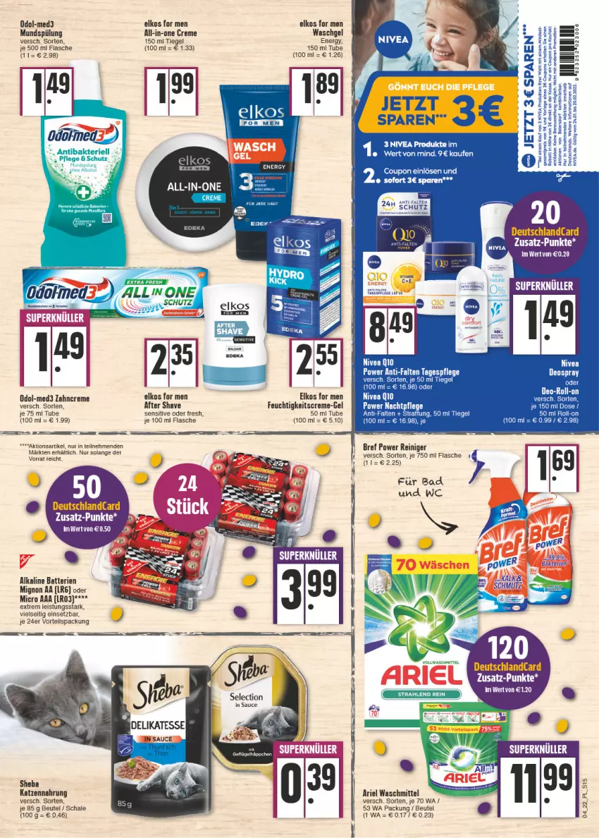 Aktueller Prospekt E Center - Angebote der Woche - von 24.01 bis 29.01.2022 - strona 15 - produkty: after shave, ariel, ariel waschmittel, Bad, batterie, batterien, beutel, Bref, bref power, creme, eis, elkos, feuchtigkeitscreme, flasche, katzennahrung, mundspülung, Odol, reiniger, Schal, Schale, sheba, spülung, Ti, waschgel, waschmittel, zahncreme