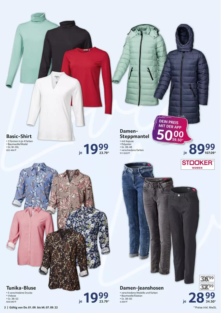 Aktueller Prospekt Selgros - Nonfood - von 01.09 bis 07.09.2022 - strona 2 - produkty: Bau, baumwolle, bluse, dell, eis, elle, hose, hosen, jeans, Mantel, Mode, reis, shirt, Steppmante, Ti, tunika, wolle