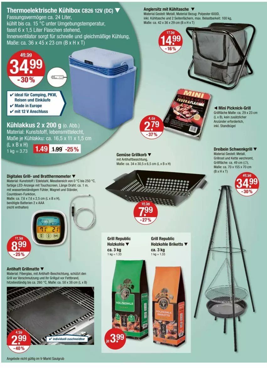 Aktueller Prospekt Vmarkt - Prospekte - von 21.03 bis 27.03.2024 - strona 14 - produkty: akku, angebot, angebote, anzünder, batterie, batterien, briketts, bügel, Draht, edelstahl, eis, elle, flasche, grill, grillfläche, grillrost, Holz, holzkohle, Kette, korb, kühlakku, kühlakkus, kühlbox, kühltasche, LG, reis, Ria, Tasche, thermometer, Ti, touchscreen, ventilator, wasser