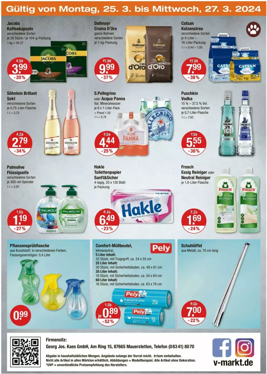 Aktueller Prospekt Vmarkt - Prospekte - von 21.03 bis 27.03.2024 - strona 24 - produkty: alle artikel ohne dekoration, Alwa, angebot, angebote, auer, beutel, dekoration, dell, eis, elle, essig, flasche, flüssigseife, Frosch, hakle, hakle toilettenpapier, kaes, mineralwasser, Mode, müllbeutel, olive, palmolive, papier, puschkin vodka, reiniger, ring, Seife, söhnlein, söhnlein brillant, telefon, Ti, toilettenpapier, tragegriff, vodka, wasser