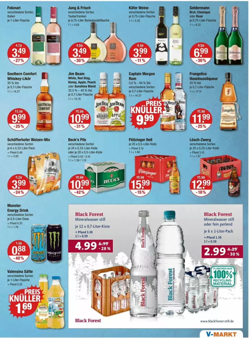 Aktueller Prospekt Vmarkt - Prospekte - von 21.03 bis 27.03.2024 - strona 9 - produkty: Alwa, Apple, beutel, black forest, brut, Cap, captain morgan, Clin, drink, energy drink, flasche, geldermann, je 1-liter-flasche, jim beam, käfer, lack, likör, mineralwasser, Mineralwasser Still, monster, Monster Energy, perlen, pils, Ria, rum, säfte, schöfferhofer, Southern Comfort, sunshine, Ti, valensina, wasser, wein, weine, whiskey