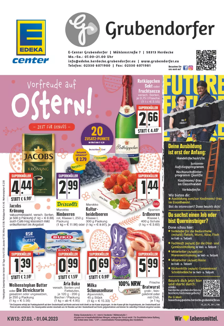 Aktueller Prospekt E Center - Angebote der Woche - von 27.03 bis 01.04.2023 - strona 1 - produkty: Abtei, ACC, alpenmilch, angebot, angebote, arla, Becher, beere, beeren, Buko, butter, chili, decke, deka, deutschland card, deutschlandcard, eis, elle, ente, erdbeere, erdbeeren, erde, fisch, fleisch, heidelbeere, heidelbeeren, himbeer, himbeere, himbeeren, jacobs, Käse, kraft, küche, Küchen, lebensmittel, LG, milch, milka, obst, reis, rotkäppchen, salz, Schal, Schale, Streichzart, tee, telefon, teller, Ti, uhr, und gemüse, usb, weihenstephan, wurst, ZTE