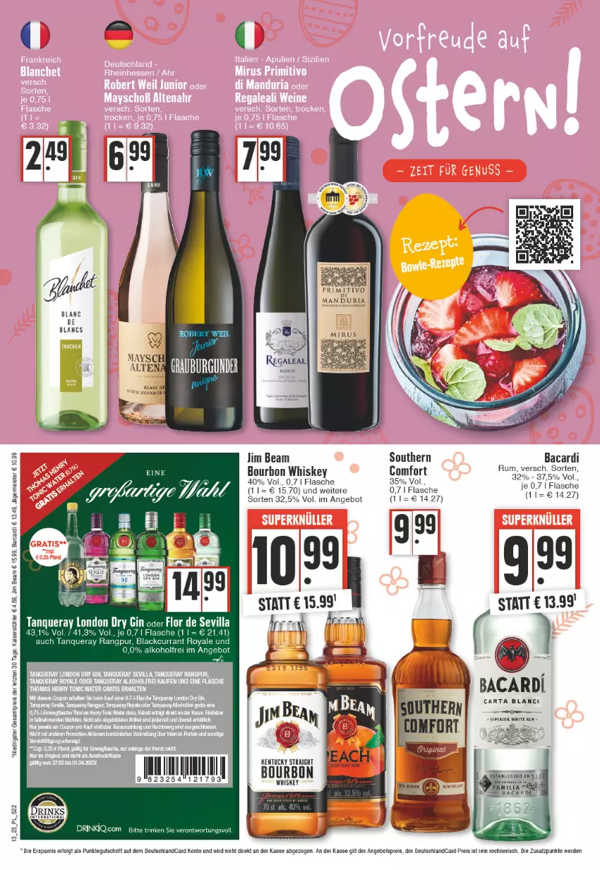 Aktueller Prospekt E Center - Angebote der Woche - von 27.03 bis 01.04.2023 - strona 22 - produkty: alkohol, angebot, angebotspreis, bacardi, bacardi rum, bourbon, bourbon whiskey, Currant, drink, drinks, eis, erde, flasche, Germ, jägermeister, jim beam, Kaiser, kentucky straight, lack, LG, Meister, reis, Ria, rum, Stühl, Tanqueray, Ti, tuc, whiskey, white rum, ZTE