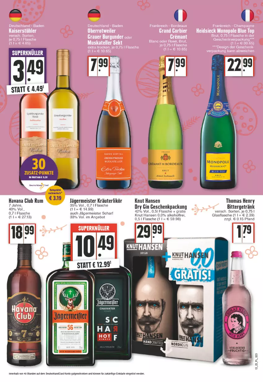 Aktueller Prospekt E Center - Angebote der Woche - von 27.03 bis 01.04.2023 - strona 23 - produkty: alkohol, brut, burgunder, dry gin, eis, erde, flasche, frucht, Germ, geschenkpackung, getränk, gin, glasflasche, grauburgunder, Havana Club, jägermeister, Kraut, kräuter, kräuterlikör, likör, Meister, rum, thomas henry, Ti