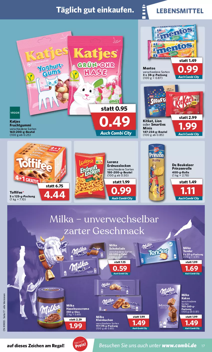 Aktueller Prospekt Combi - Prospekte - von 17.01 bis 22.01.2022 - strona 17 - produkty: beutel, creme, de beukelaer, erdnuss, frucht, fruchtgummi, haselnuss, Haselnusscreme, katjes, keks, kekse, kitkat, kuchen, lebensmittel, lion, lorenz, mac, mentos, milka, milka schokolade, nuss, prinzenrolle, regal, rwe, schoko, schokolade, smarties, tender, Ti, toffifee