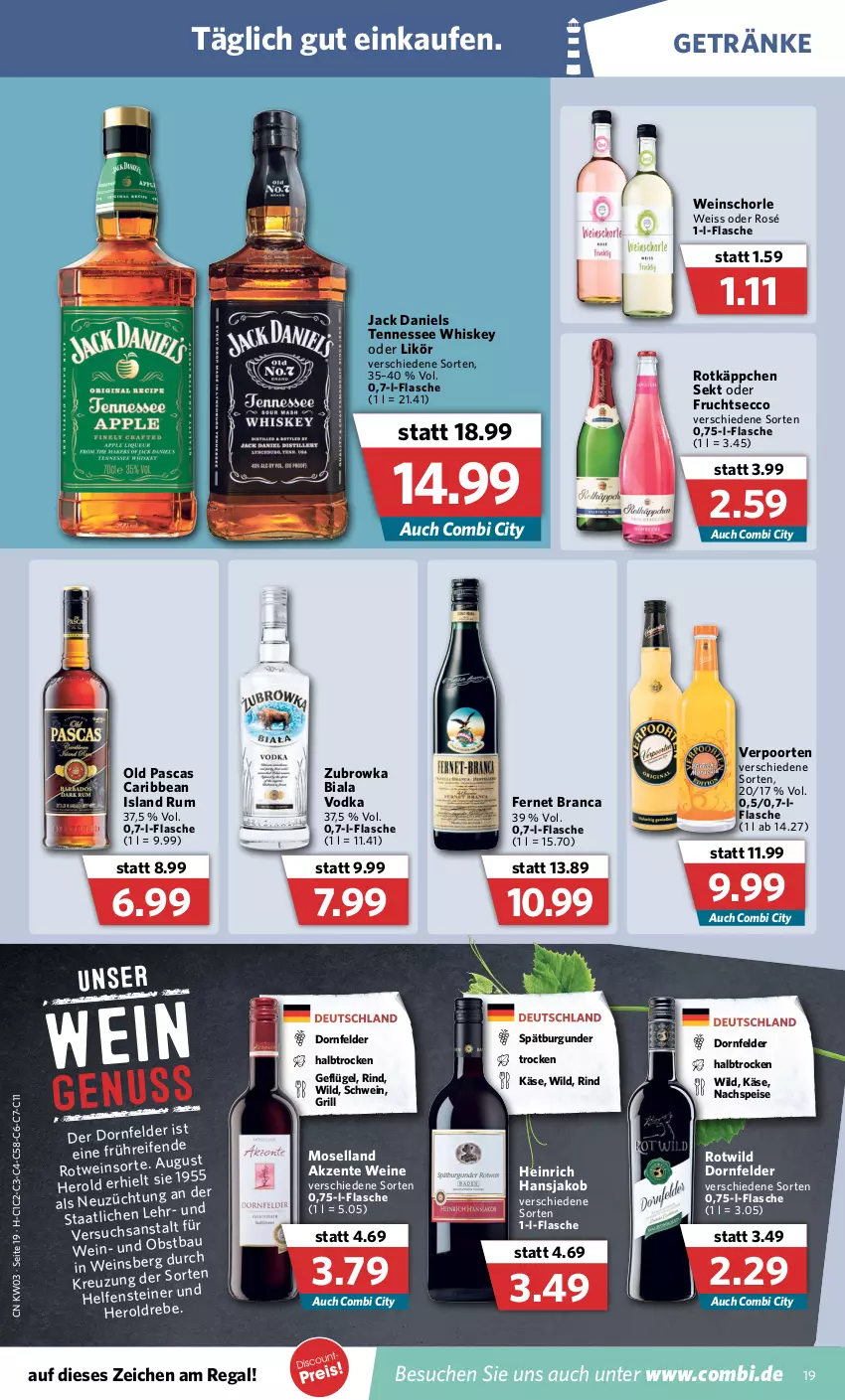 Aktueller Prospekt Combi - Prospekte - von 17.01 bis 22.01.2022 - strona 19 - produkty: Bau, burgunder, dornfelder, ecco, eis, ente, Fernet, fernet branca, flasche, frucht, fruchtsecco, Geflügel, getränk, getränke, grill, hero, jack daniel, jack daniels, jako, Käse, likör, moselland, regal, rind, rotkäppchen, rotwein, rum, schorle, schwein, sekt, spätburgunder, steiner, tennessee whiskey, verpoorten, vodka, wein, weine, weinschorle, whiskey, Wild