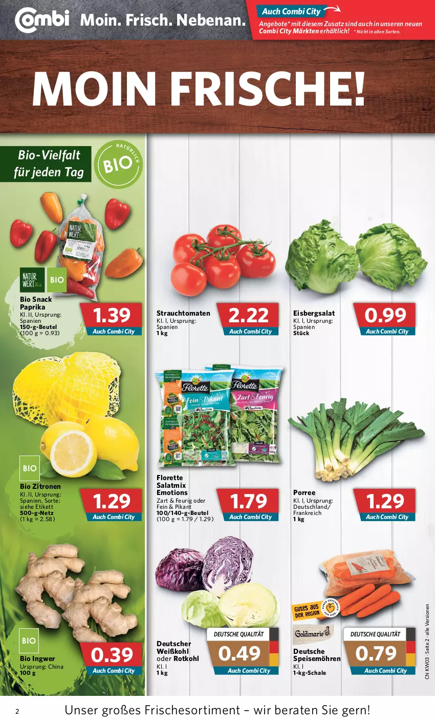 Aktueller Prospekt Combi - Prospekte - von 17.01 bis 22.01.2022 - strona 2 - produkty: angebot, angebote, beutel, bio, eis, eisbergsalat, florette, ingwer, möhren, paprika, Rauch, rotkohl, salat, Salatmix, Schal, Schale, snack, speisemöhren, strauchtomaten, Ti, tomate, tomaten, Weißkohl, zitrone, zitronen