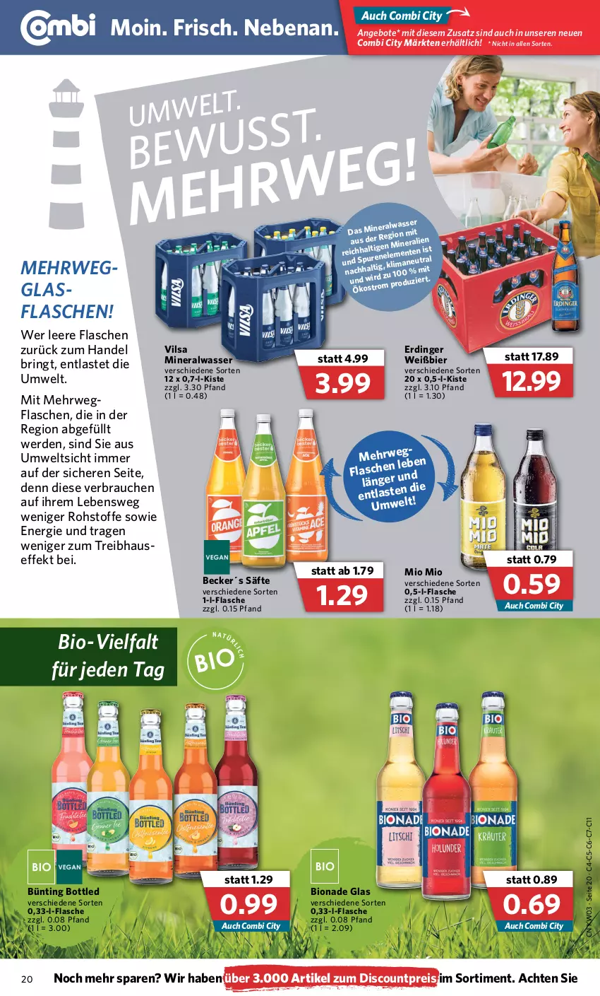 Aktueller Prospekt Combi - Prospekte - von 17.01 bis 22.01.2022 - strona 20 - produkty: Alwa, angebot, angebote, bier, bio, bionade, discount, eis, ente, erde, erdinger, flasche, glasflasche, mineralwasser, Mio Mio, Rauch, reis, ring, rwe, säfte, Ti, vilsa, wasser