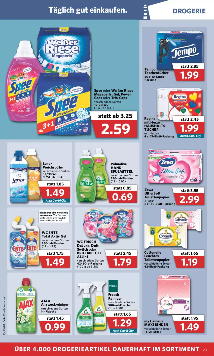 Aktueller Prospekt Combi - Prospekte - von 17.01 bis 22.01.2022 - strona 23 - produkty: ajax, aktiv gel, allzweckreiniger, auer, binden, bio, biozidprodukte, camelia, Cap, cottonelle, elle, ente, feuchtes toilettenpapier, flasche, Frosch, gin, lenor, lenor weichspüler, megaperls, olive, palmolive, papier, Rauch, reiniger, rwe, spee, spülmittel, Tasche, taschen, taschentücher, Tempo, Ti, toilettenpapier, tücher, wc ente, wc frisch, weck, weichspüler, zewa