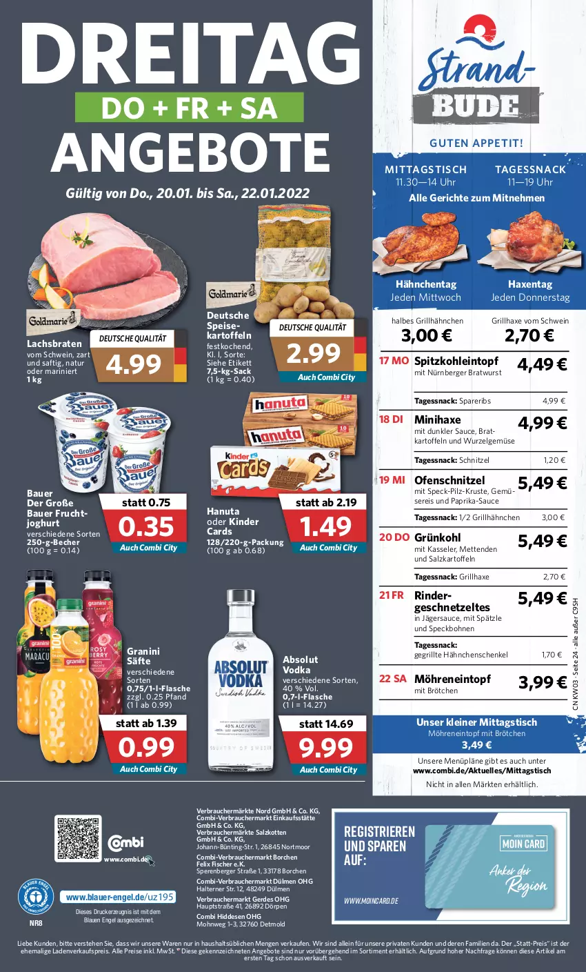 Aktueller Prospekt Combi - Prospekte - von 17.01 bis 22.01.2022 - strona 24 - produkty: Absolut Vodka, angebot, angebote, auer, axe, Bau, Bauer, Becher, Berger, bohne, bohnen, braten, bratwurst, brötchen, drucker, eintopf, eis, elle, Engel, erde, felix, fisch, fische, Fischer, flasche, frucht, Gegrillte Hähnchenschenkel, geschnetzeltes, granini, grill, grillhähnchen, grillhaxe, hähnchenschenkel, hanuta, Haxe, henkel, joghur, joghurt, kartoffel, kartoffeln, kasseler, kerze, Kinder, lachs, Lachsbraten, leine, LG, Mett, metten, Mettenden, möhren, natur, nürnberger, Ofen, paprika, Rauch, reis, rind, rinder, sac, saft, säfte, salz, sauce, schenkel, schnitzel, schwein, snack, spareribs, Speck, spitzkohl, Ti, tisch, topf, uhr, vodka, wein, wurst, Zelt