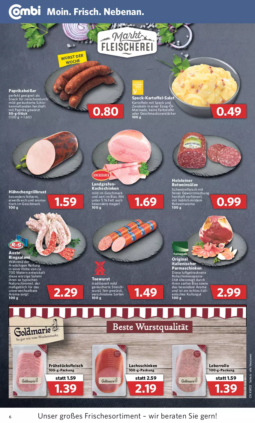 Aktueller Prospekt Combi - Prospekte - von 17.01 bis 22.01.2022 - strona 6 - produkty: eis, essig, fleisch, frühstücksfleisch, gewürz, Gewürzmischung, gin, grill, holsteiner, kartoffel, kartoffeln, kochschinken, lachs, lachsschinken, Leberrolle, mac, marinade, Mett, metten, Mettenden, mit paprika, natur, paprika, parmaschinken, ring, rohschinken, rotwein, rwe, salami, salat, schinken, schwein, schweine, schweinefleisch, snack, Speck, Spezi, steiner, tee, teewurst, Ti, tisch, wein, weine, WICK, wurst, zwiebel, zwiebeln