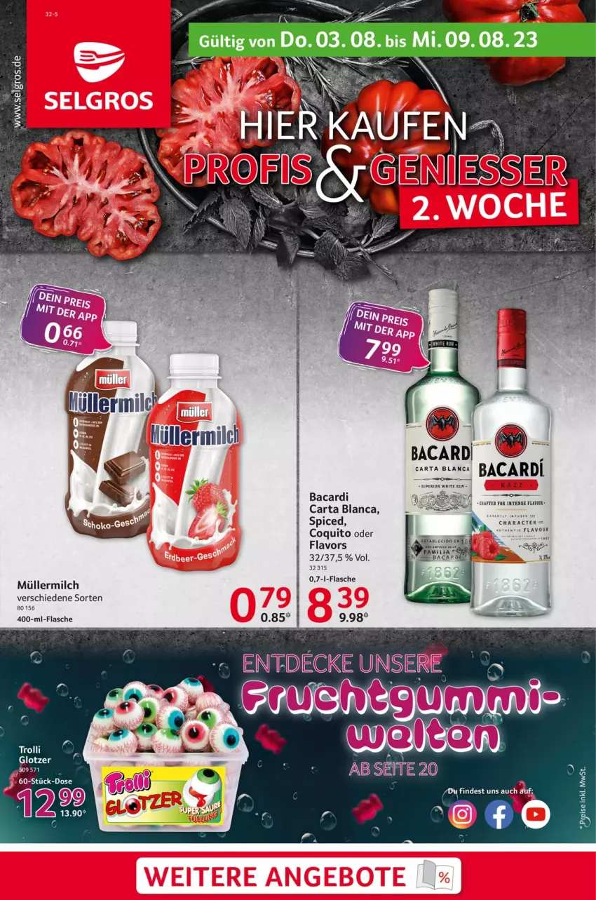 Aktueller Prospekt Selgros - Food - von 03.08 bis 09.08.2023 - strona 1 - produkty: angebot, angebote, bacardi, flasche, LG, milch, Müller, müllermilch