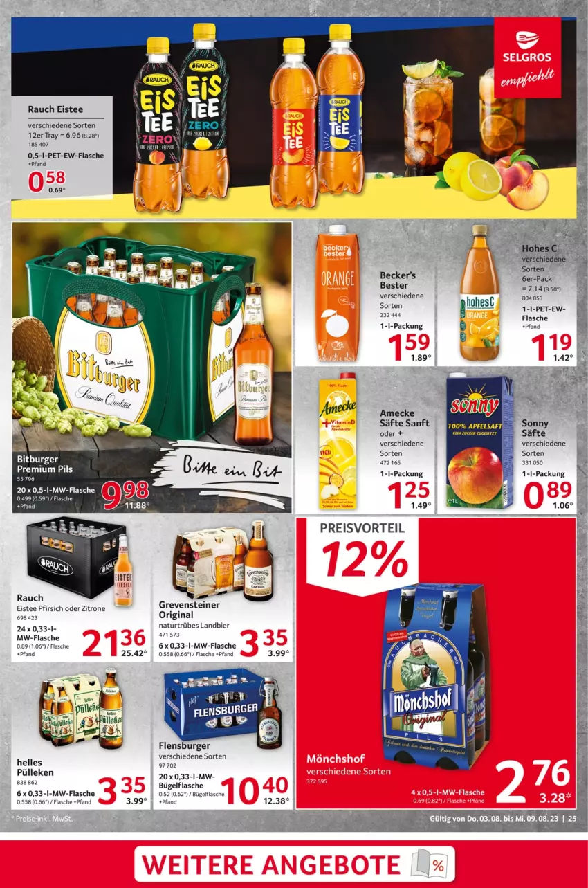 Aktueller Prospekt Selgros - Food - von 03.08 bis 09.08.2023 - strona 25 - produkty: amecke, bier, bügel, bügelflasche, burger, eis, eistee, elle, flasche, flensburger, gin, grevensteiner, mw-flasche, natur, pfirsich, preisvorteil, Rauch, reis, säfte, steiner, tee, tesa, zitrone, zucker