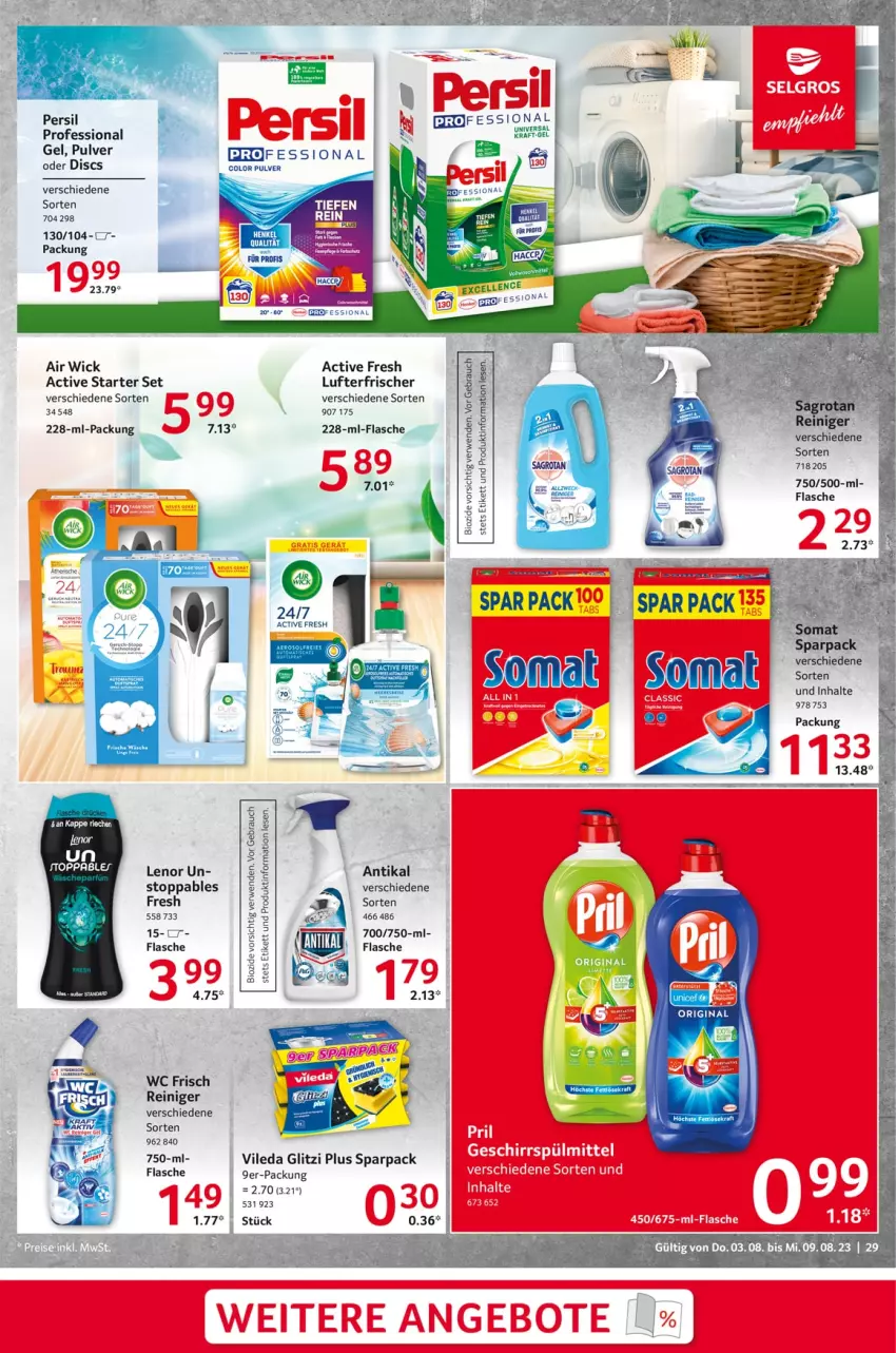 Aktueller Prospekt Selgros - Food - von 03.08 bis 09.08.2023 - strona 29 - produkty: Air Wick, bio, eis, flasche, kraft, lenor, lufterfrischer, persil, Rauch, reiniger, rwe, somat, tee, Ti, vileda, wc frisch, WICK