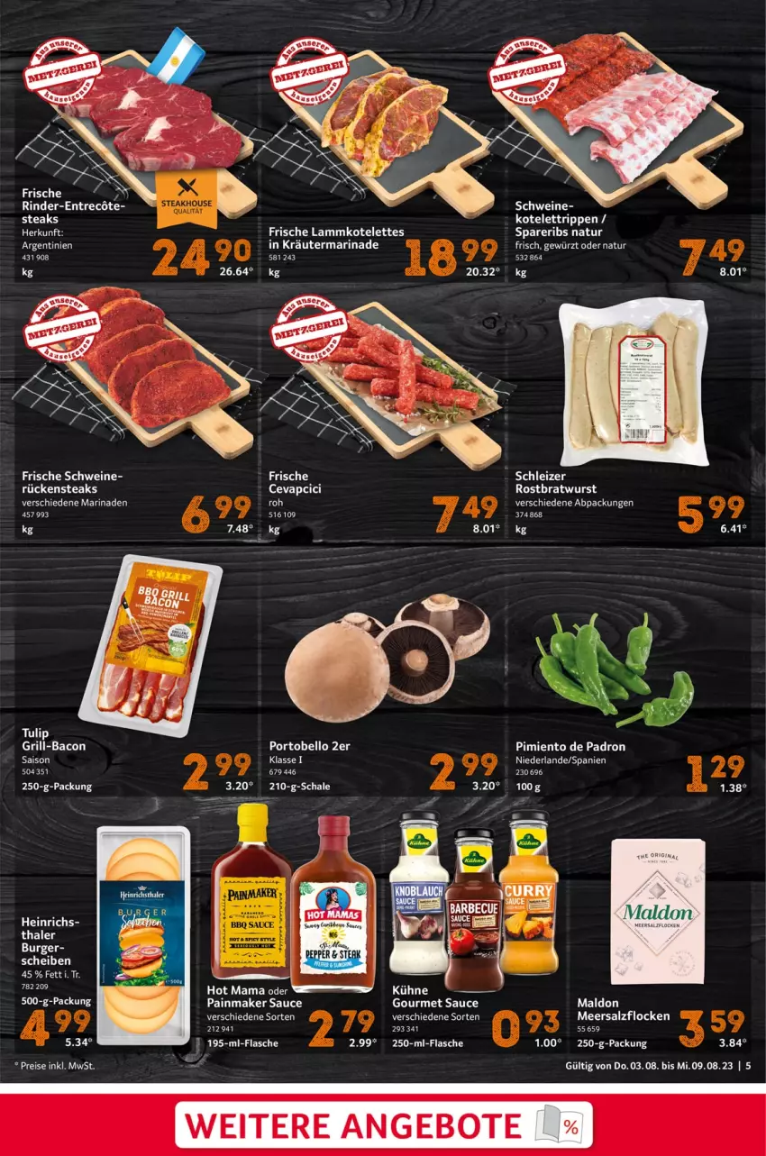 Aktueller Prospekt Selgros - Food - von 03.08 bis 09.08.2023 - strona 5 - produkty: angebot, angebote, bacon, bratwurst, burger, cevapcici, eis, flasche, gewürz, grill, kotelett, kräuter, lamm, lammkotelett, mam, marinade, Maus, meersalz, natur, reis, rind, rinder, Rippen, rostbratwurst, Rückensteak, rückensteaks, salz, sauce, schwein, schweine, steak, steaks, tulip, wein, weine, wurst