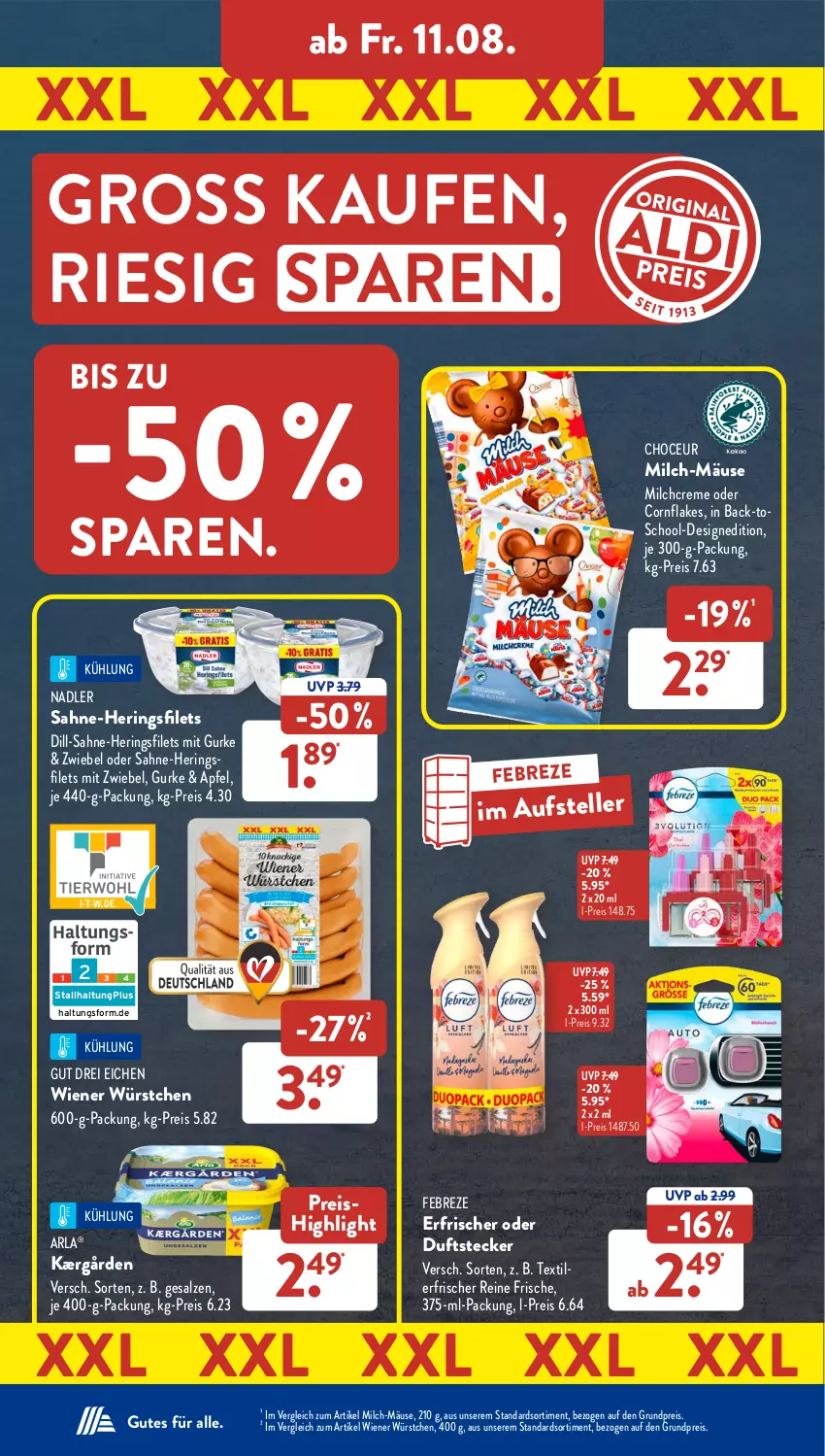 Aktueller Prospekt AldiSud - NÄCHSTE WOCHE - von 07.08 bis 12.08.2023 - strona 30 - produkty: apfel, arla, creme, eis, elle, febreze, filet, filets, flakes, gurke, hering, Herings, heringsfilets, Kærgården, milch, nadler, reis, ring, sahne, salz, teller, Textilerfrischer, Ti, wiener, wiener würstchen, würstchen, zwiebel