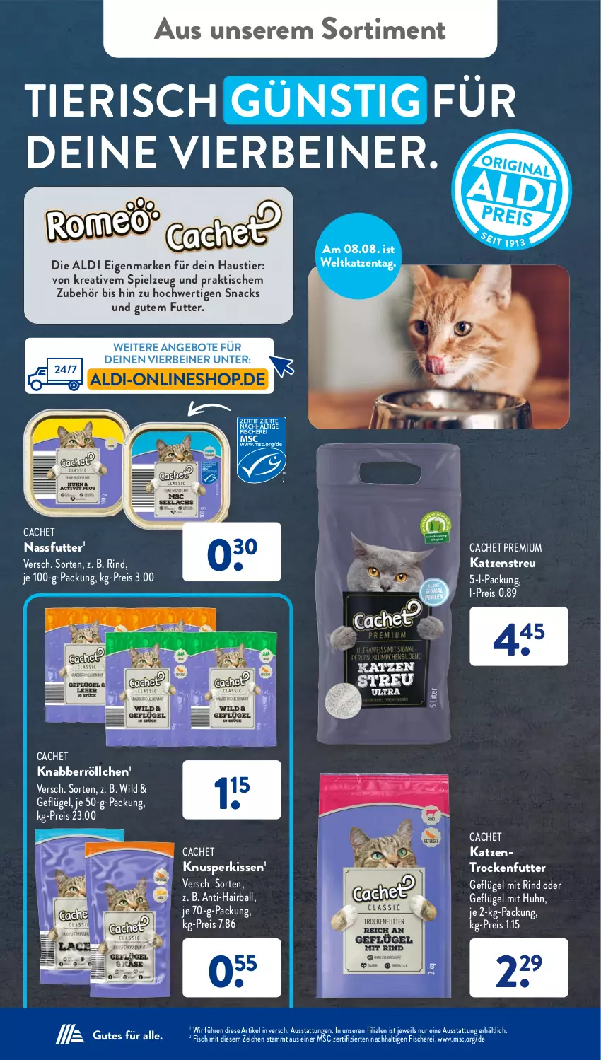 Aktueller Prospekt AldiSud - NÄCHSTE WOCHE - von 07.08 bis 12.08.2023 - strona 36 - produkty: aldi, angebot, angebote, aust, ball, eis, fisch, fische, Fischer, Geflügel, Katzenstreu, Katzentrockenfutter, kissen, nassfutter, reis, rind, Schere, snack, snacks, spielzeug, Stier, Ti, tisch, trockenfutter, Wild