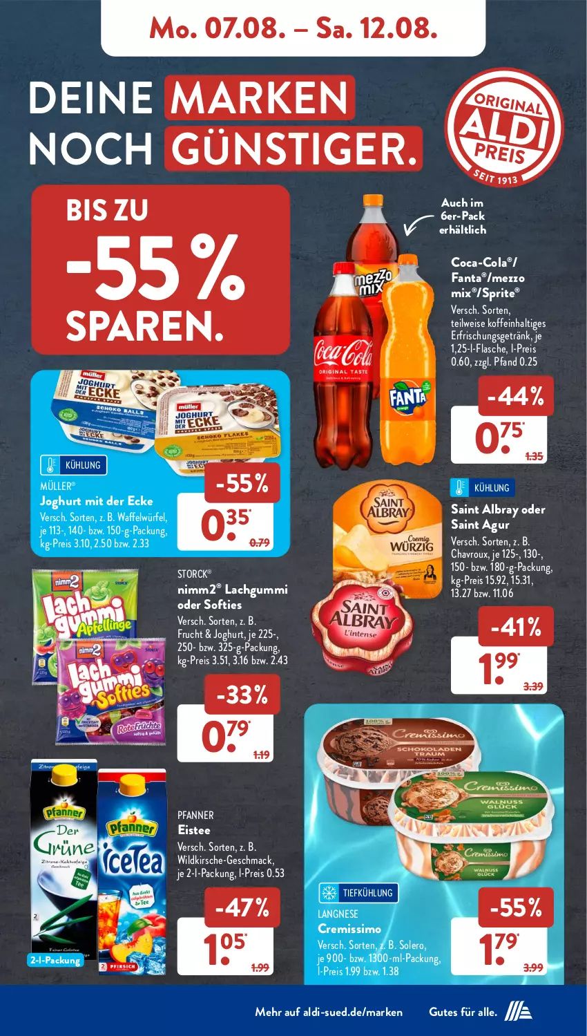 Aktueller Prospekt AldiSud - NÄCHSTE WOCHE - von 07.08 bis 12.08.2023 - strona 7 - produkty: albray, aldi, chavroux, coca-cola, cola, cremissimo, eis, eistee, erfrischungsgetränk, fanta, flasche, frucht, getränk, joghur, joghurt, joghurt mit der ecke, kirsch, kirsche, lachgummi, langnese, langnese cremissimo, mac, Mezzo Mix, Müller, nimm2, pfanne, Pfanner, reis, Saint Agur, saint albray, sim, sprite, storck, tee, Ti, Wild, würfel