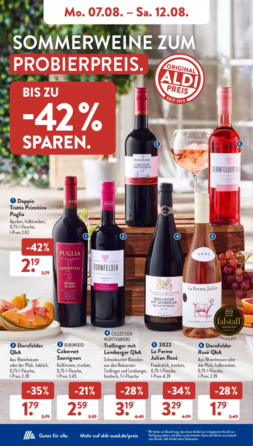 Aktueller Prospekt AldiSud - NÄCHSTE WOCHE - von 07.08 bis 12.08.2023 - strona 8 - produkty: aldi, alle artikel ohne dekoration, asti, Berger, bier, cabernet, cabernet sauvignon, dekoration, dornfelder, eis, flasche, primitivo, reis, rwe, sauvignon, Ti, trolli, trollinger, wein, weine, ZTE