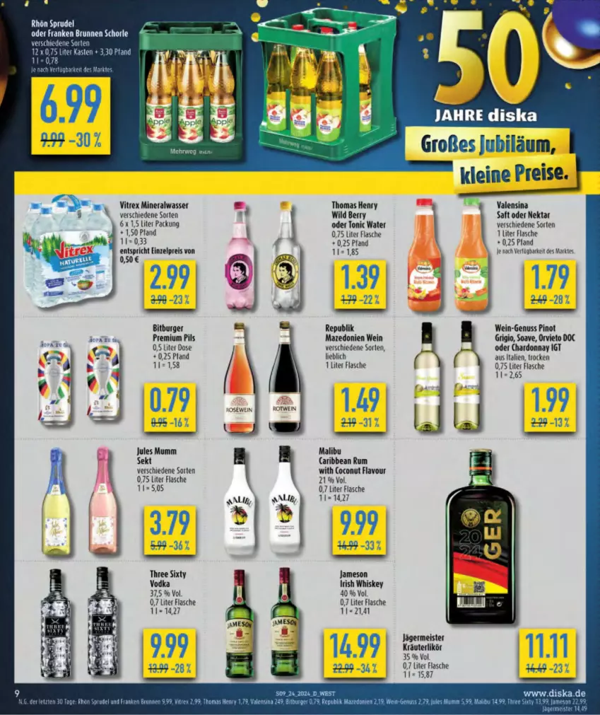 Aktueller Prospekt Diska - von 10.06 bis 15.06.2024 - strona 11 - produkty: Alwa, bitburger, burger, chardonnay, coconut, eis, ente, flasche, Germ, irish whiskey, jägermeister, jameson, jules mumm, kräuter, kräuterlikör, leine, likör, Malibu, Meister, mineralwasser, mumm, Nektar, nuss, pils, premium pils, reis, rum, saft, sekt, thomas henry, Three Sixty, Ti, tonic, tonic water, valensina, vitrex, vodka, wasser, wein, whiskey, Wild, wild berry