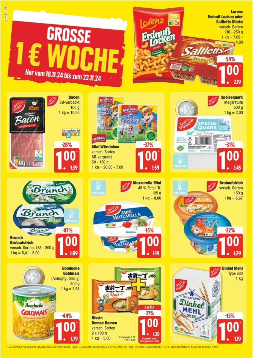 Aktueller Prospekt Edeka - Prospekte - von 18.11 bis 23.11.2024 - strona 2 - produkty: aufstrich, brot, brotaufstrich, eis, lorenz, mozzarella, reis, rel, saltletts, Ti, ZTE