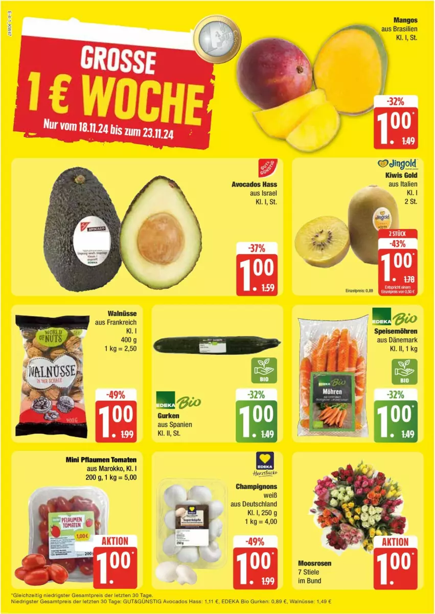 Aktueller Prospekt Edeka - Prospekte - von 18.11 bis 23.11.2024 - strona 4 - produkty: avocado, avocados, bio, bio gurken, champignon, champignons, deka, edeka bio, eis, gurke, gurken, kiwi, mango, mangos, möhren, pflaume, pflaumen, reis, speisemöhren, Ti, tomate, tomaten, ZTE